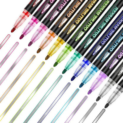Double Line Outline Marker Pens Set Super Squiggles Highlighter Magic Glitter Drawing Pens for Creative Art Craft Supplies